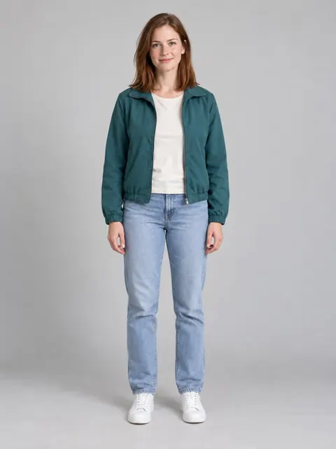 Input photo: fictional adult in a teal jacket for the car-exit role