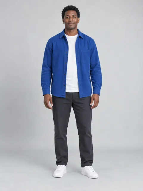 Input photo: fictional adult in a blue overshirt for the opening dancer